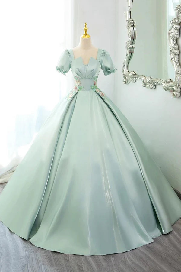 Wholesale Green Satin Lace Long Prom Dress Beautiful A-Line Short Sleeve Evening Party Dress